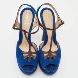 Fendi Blue/Brown Suede and Leather T-Bar Ankle-Strap Platform Sandals Size 38