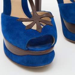 Fendi Blue/Brown Suede and Leather T-Bar Ankle-Strap Platform Sandals Size 38