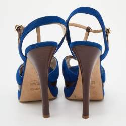 Fendi Blue/Brown Suede and Leather T-Bar Ankle-Strap Platform Sandals Size 38