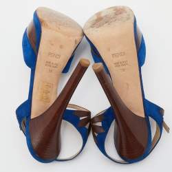 Fendi Blue/Brown Suede and Leather T-Bar Ankle-Strap Platform Sandals Size 38