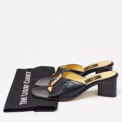 مملوكة مسبقًا Fendi Dark Navy Blue Leather FF Slide Sandals Size 38