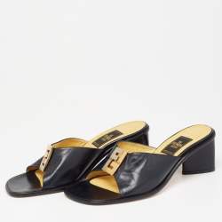 مملوكة مسبقًا Fendi Dark Navy Blue Leather FF Slide Sandals Size 38