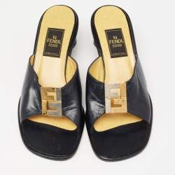 مملوكة مسبقًا Fendi Dark Navy Blue Leather FF Slide Sandals Size 38
