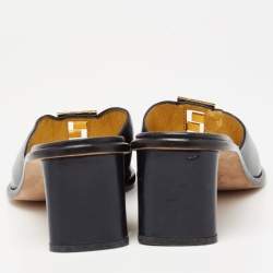 مملوكة مسبقًا Fendi Dark Navy Blue Leather FF Slide Sandals Size 38