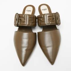 مملوكة مسبقًا Fendi Olive Green Leather FF logo Buckle Mules Size 39