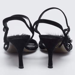 Fendi Black Sequin Embellished Suede Flower Applique Ankle-Strap Sandals Size 37