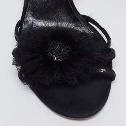 Fendi Black Sequin Embellished Suede Flower Applique Ankle-Strap Sandals Size 37