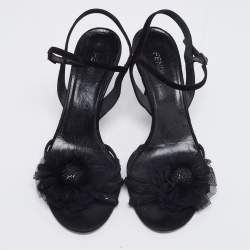 Fendi Black Sequin Embellished Suede Flower Applique Ankle-Strap Sandals Size 37