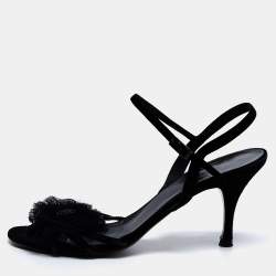 Fendi Black Sequin Embellished Suede Flower Applique Ankle-Strap Sandals Size 37