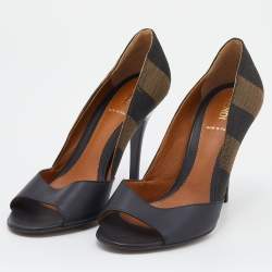 Pre Owned Fendi Black/Brown Leather And Pequin Canvas Open Toe Pumps Size 37