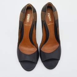 Pre Owned Fendi Black/Brown Leather And Pequin Canvas Open Toe Pumps Size 37