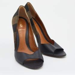 Pre Owned Fendi Black/Brown Leather And Pequin Canvas Open Toe Pumps Size 37