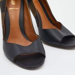 Pre Owned Fendi Black/Brown Leather And Pequin Canvas Open Toe Pumps Size 37