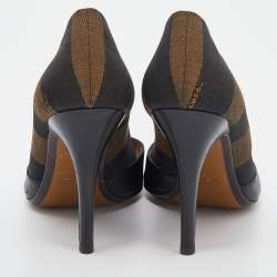 Pre Owned Fendi Black/Brown Leather And Pequin Canvas Open Toe Pumps Size 37