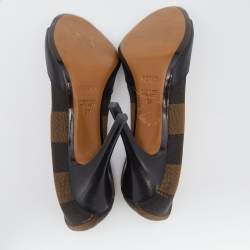 Pre Owned Fendi Black/Brown Leather And Pequin Canvas Open Toe Pumps Size 37