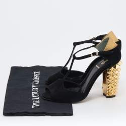 Pre Owned Fendi Black/Gold Suede And Embossed Leather Studded Block Heel T-Strap Sandals Size 36