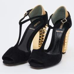 Pre Owned Fendi Black/Gold Suede And Embossed Leather Studded Block Heel T-Strap Sandals Size 36