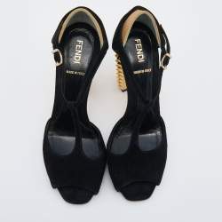 Pre Owned Fendi Black/Gold Suede And Embossed Leather Studded Block Heel T-Strap Sandals Size 36