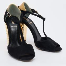Pre Owned Fendi Black/Gold Suede And Embossed Leather Studded Block Heel T-Strap Sandals Size 36