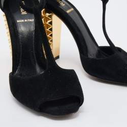 Pre Owned Fendi Black/Gold Suede And Embossed Leather Studded Block Heel T-Strap Sandals Size 36