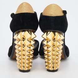 Pre Owned Fendi Black/Gold Suede And Embossed Leather Studded Block Heel T-Strap Sandals Size 36