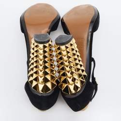 Pre Owned Fendi Black/Gold Suede And Embossed Leather Studded Block Heel T-Strap Sandals Size 36