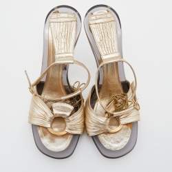 Pre Owned Fendi Metallic Gold Leather Ankle Strap Sandals Size 37.5