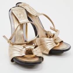 Pre Owned Fendi Metallic Gold Leather Ankle Strap Sandals Size 37.5