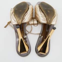 Pre Owned Fendi Metallic Gold Leather Ankle Strap Sandals Size 37.5