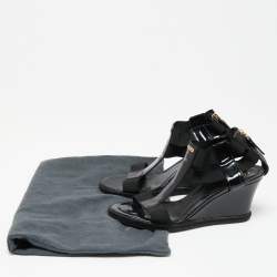 Pre Owned Fendi Black Patent Leather And Elastic T-Strap Espadrille Wedge Sandals Size 37