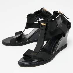 Pre Owned Fendi Black Patent Leather And Elastic T-Strap Espadrille Wedge Sandals Size 37