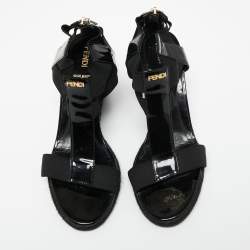 Pre Owned Fendi Black Patent Leather And Elastic T-Strap Espadrille Wedge Sandals Size 37