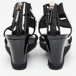 Pre Owned Fendi Black Patent Leather And Elastic T-Strap Espadrille Wedge Sandals Size 37