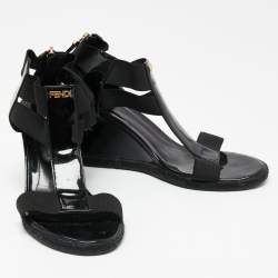 Pre Owned Fendi Black Patent Leather And Elastic T-Strap Espadrille Wedge Sandals Size 37