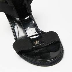 Pre Owned Fendi Black Patent Leather And Elastic T-Strap Espadrille Wedge Sandals Size 37