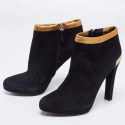 Fendi Black/Gold Leather And Suede Platform Ankle Boots Size 39.5