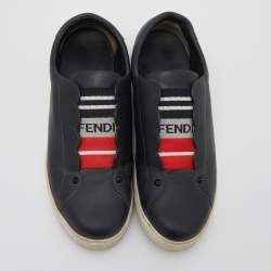 Pre Owned Fendi Black Leather And Logo Knit Fabric Scallop Detail Slip On Sneakers Size 40