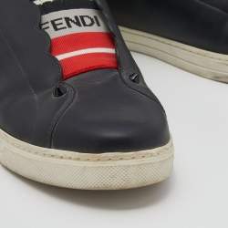 Pre Owned Fendi Black Leather And Logo Knit Fabric Scallop Detail Slip On Sneakers Size 40