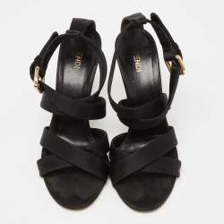Fendi Black Satin  Criss Cross Ankle Strap Sandals Size 37