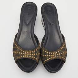 Fendi Tobacco Zucca Canvas Studded Platform Sandals Size 37