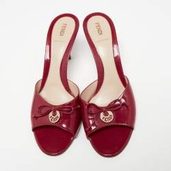 Pre Owned Fendi Hot Pink Patent Leather Bow Logo Charm Slide Sandals Size 41