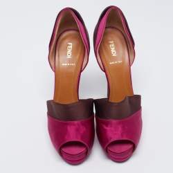 Fendi Magenta/Brown Satin Anemone D'orsay Peep-Toe Platform Pumps Size 38.5