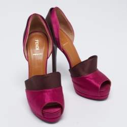 Fendi Magenta/Brown Satin Anemone D'orsay Peep-Toe Platform Pumps Size 38.5