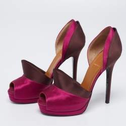 Fendi Magenta/Brown Satin Anemone D'orsay Peep-Toe Platform Pumps Size 38.5