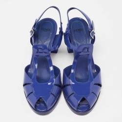 Pre Owned Fendi Blue Patent Leather Chameleon Block Heel Sandals Size 38