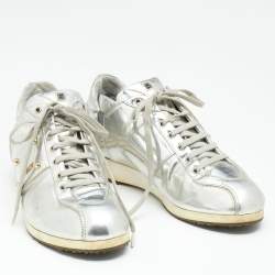 Fendi Metallic Silver Patent Leather Low Top Sneakers Size 38