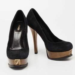 Pre Owned Fendi Black/Copper Suede Fendista Platform Pumps Size 37.5
