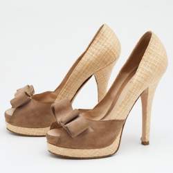 Pre Owned Fendi Beige/Brown Suede And Jute Bow Detail Peep Toe Platform Pumps Size 38