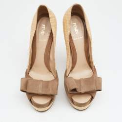 Pre Owned Fendi Beige/Brown Suede And Jute Bow Detail Peep Toe Platform Pumps Size 38