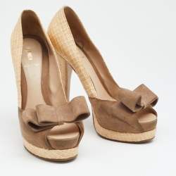 Pre Owned Fendi Beige/Brown Suede And Jute Bow Detail Peep Toe Platform Pumps Size 38